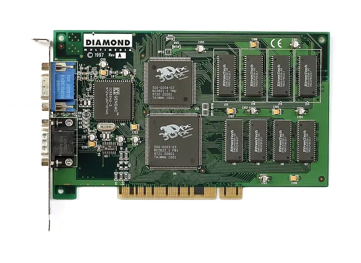 Image of a Diamond Multimedia graphics card from 1997, featuring dual S3 chipsets, numerous memory chips, VGA and DVI ports, and a PCI interface. The card has a green circuit board with various electronic components and connectors.