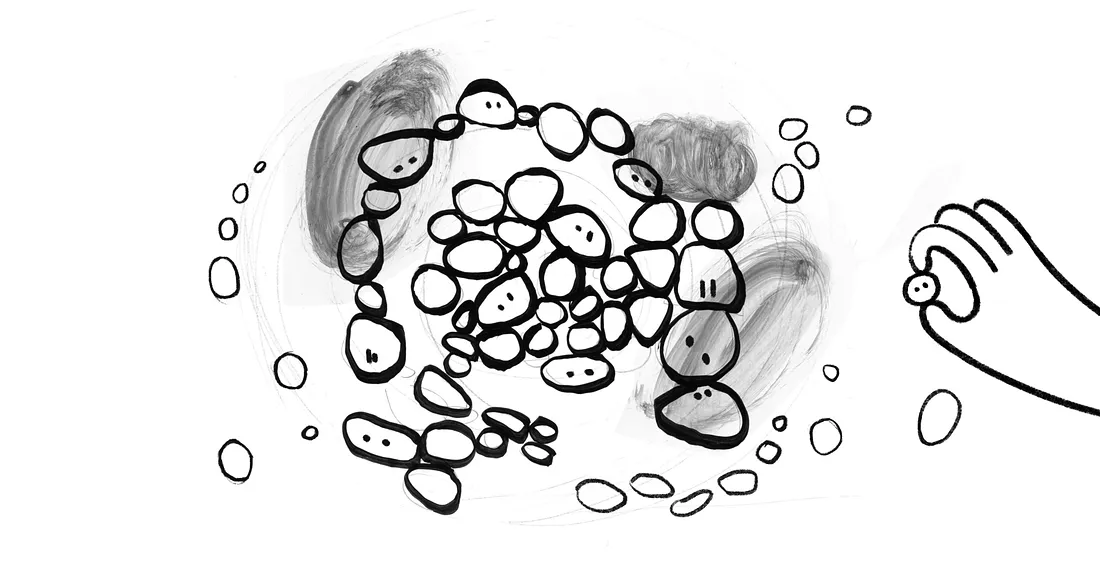 A hand-drawn illustration shows a cartoon hand laying down a trail of pebble-like shapes, some with simple faces. The pebbles form a spiral pattern on a white background, with smudges and smaller shapes scattered around.