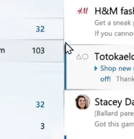 A screenshot of an email inbox showing a list of email subjects on the right and unread email counts on the left. The selected email is highlighted with a blue border and shows promotion emails, including one from "Totokaelo." The cursor is over the email pane.