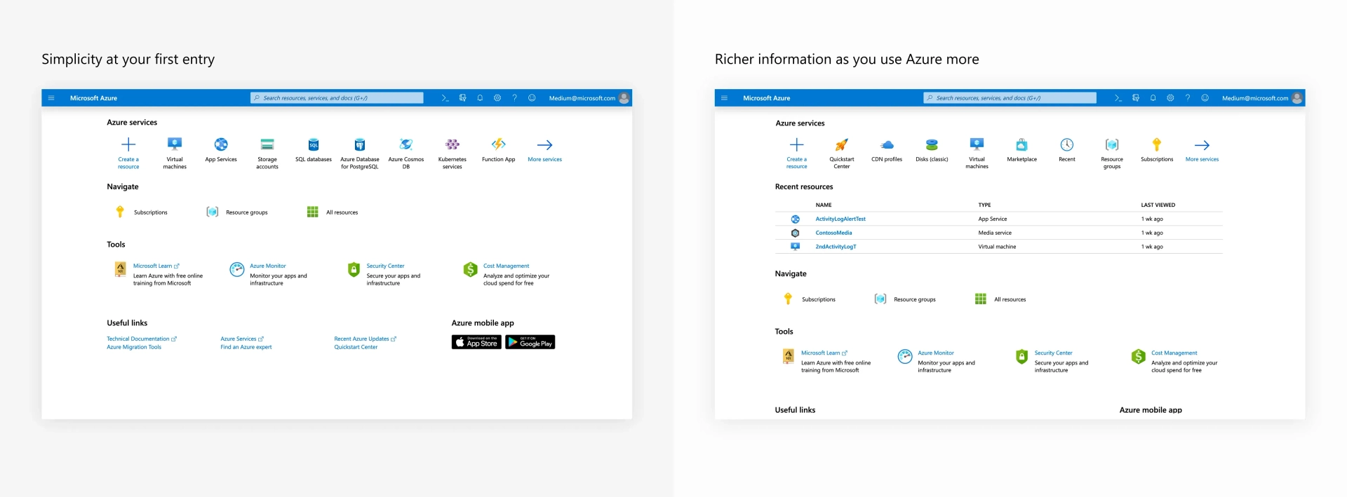 Comparison of two Microsoft Azure interface screens. The left shows a simpler, introductory dashboard with fewer icons. The right displays a more detailed dashboard with additional services and tools like recent resources and storage accounts.
