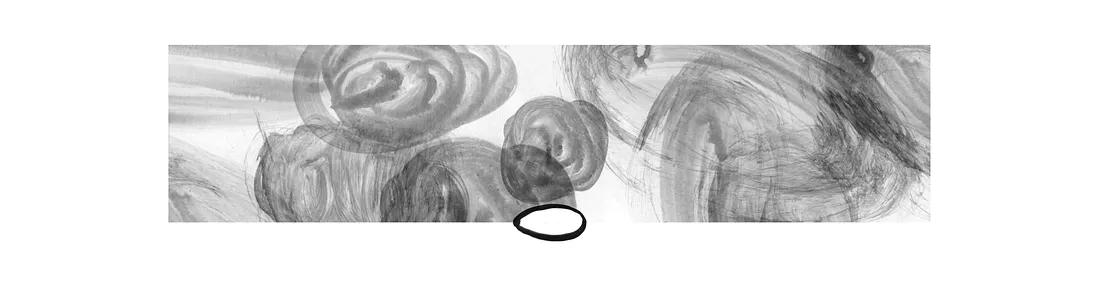 Abstract black and white artwork featuring swirling circular shapes and a single dark oval at the bottom, set against a light background.