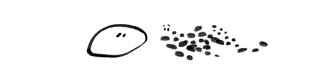 A simple black and white illustration of a round face with two dot eyes on the left and a scattered group of black pebbles on the right against a white background.