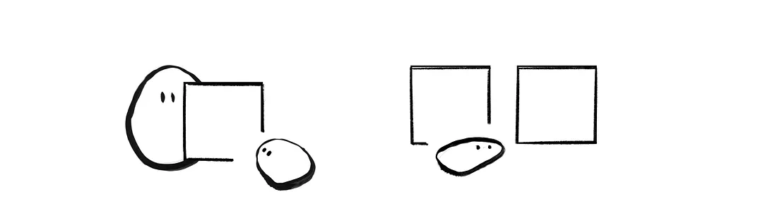 A simple comic drawing of two abstract characters. The left character holds a square, while another smaller character looks on. On the right, two squares stand side by side with no characters.