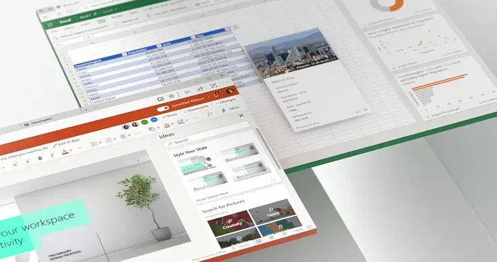 A computer screen displaying an open Excel spreadsheet with data and charts, alongside a PowerPoint presentation with a slide showing workspace interior design options and a potted plant. Various tools and features from Microsoft Office are visible.