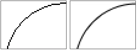 Two side-by-side images compare pixelated and anti-aliased curves. The left image shows a rough, pixelated curve with jagged edges. The right image shows a smooth, anti-aliased curve with blended edges for a more refined appearance.