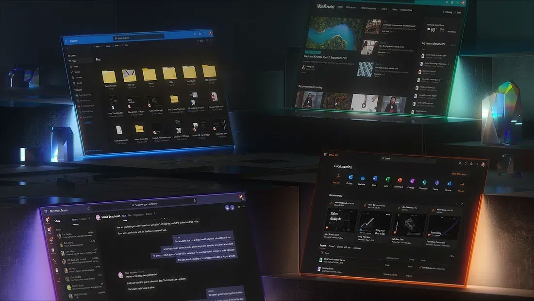 A dark-themed room is displayed with four computer screens angled at different positions. Each screen showcases various software applications, including file management, media apps, chat messaging, and a gaming interface, all emitting different colored glows.