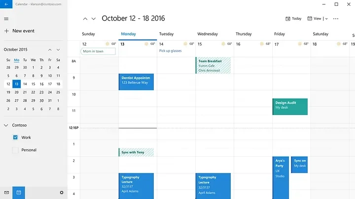 A digital calendar view for the week of October 12-18, 2015. The calendar includes events like "Mom in town," "Dental Appointment," "Team Breakfast," "Design Audit," "Lecture," and "Sync with Tony." An event list is on the left, and a detailed daily view is on the right.