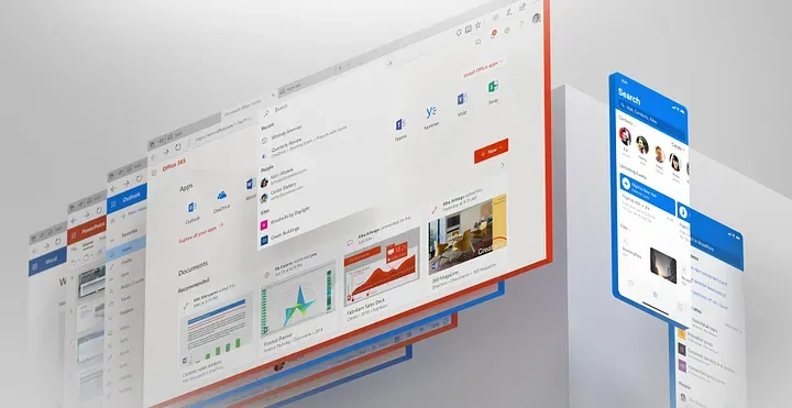 A series of overlapping computer screens are shown, featuring various applications, documents, emails, and charts. The interfaces display collaborative tools, analytics, and communication apps, suggesting a multitasking work environment.