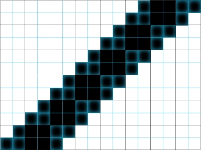 A grid of white squares with black squares arranged in a diagonal line from the bottom left to the top right. The black squares are surrounded by a glowing blue aura, creating a blurred edge effect. The grid lines are thin and light blue.