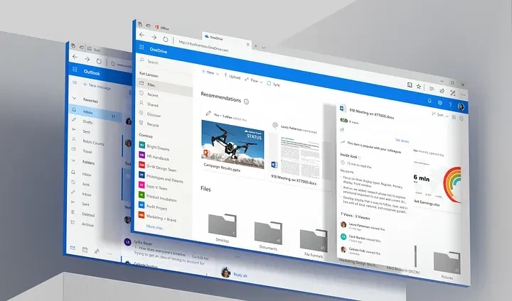 A screenshot of a computer displaying an email client. The interface shows various folders on the left side, a list of recommendations and files in the center, and detailed email content on the right. The screen is divided into different panes and tabs.