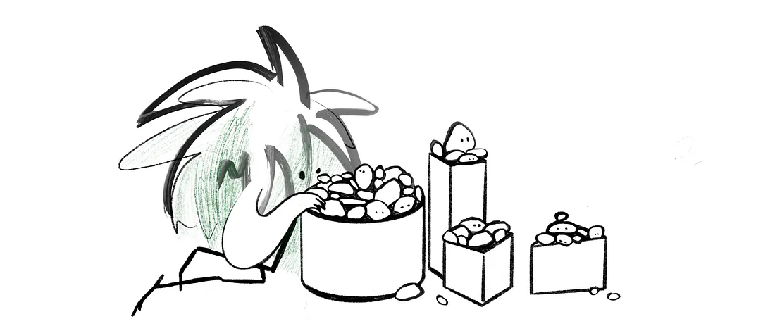 A cartoon character with spiky hair looks at an assortment of pots filled with small, round objects. The pots are of varying sizes, and the scene is set on a plain white background.