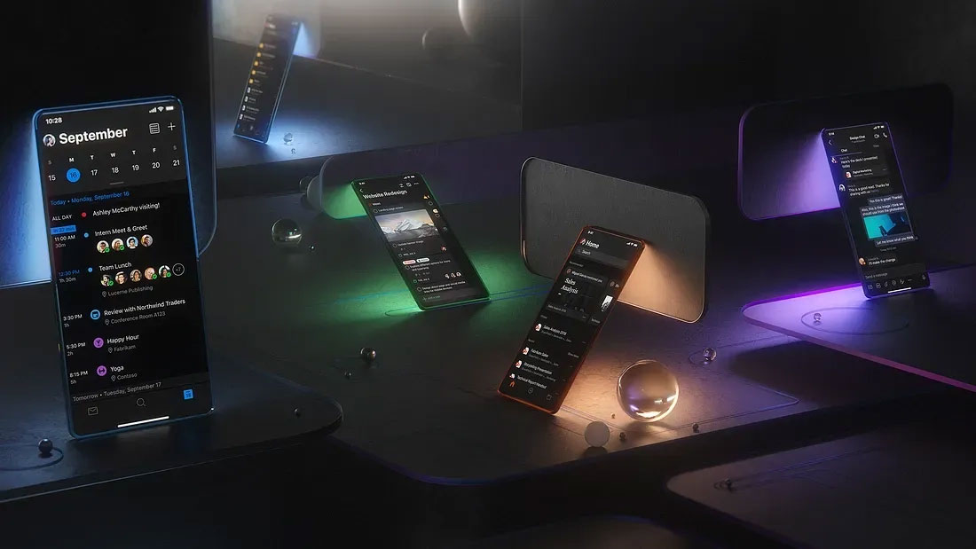 A futuristic display showcases several smartphones with illuminated screens. Each phone shows different apps and screens, with a dark, sleek environment featuring glowing orbs and soft lighting reflecting off various surfaces in the background.