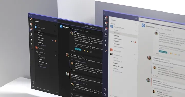 A side-by-side comparison of dark mode and light mode user interfaces in a communication software application, displaying chat conversations and a sidebar with contacts and groups.