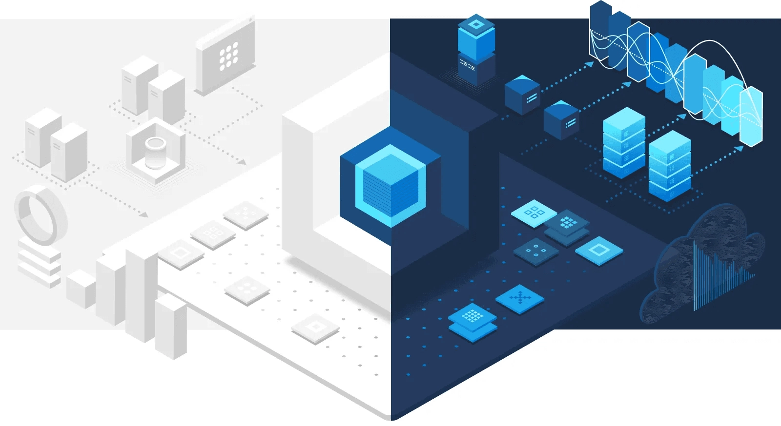 Abstract illustration depicting a contrast between a light and dark theme. The left side features light, simplified software icons, while the right side displays a darker, more complex data visualization with graphs, cubes, and interconnected networks.