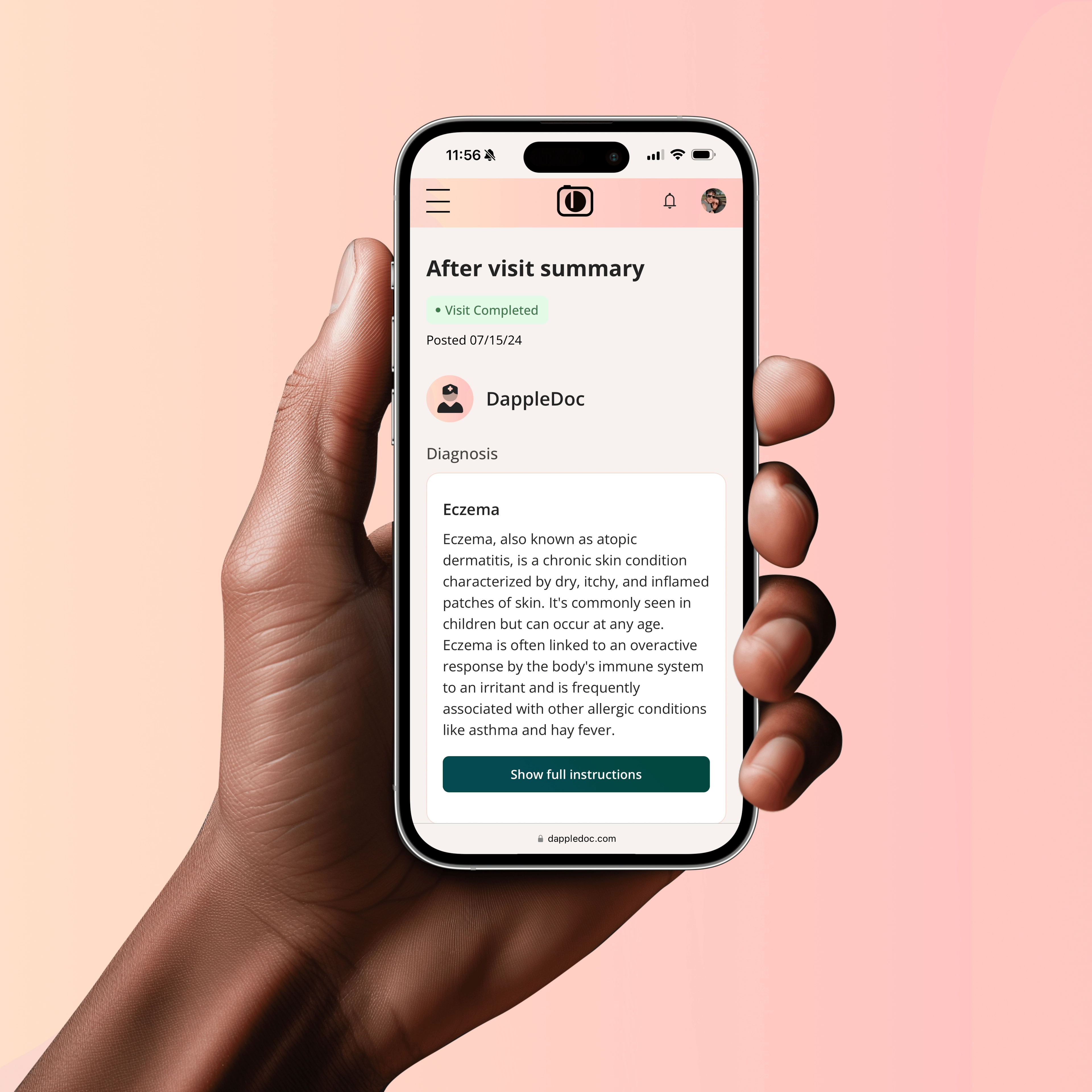 A hand holding a smartphone displays a medical app's "After visit summary" screen. The diagnosis shown is eczema, with details and an option to view full instructions. The background is a pink gradient.