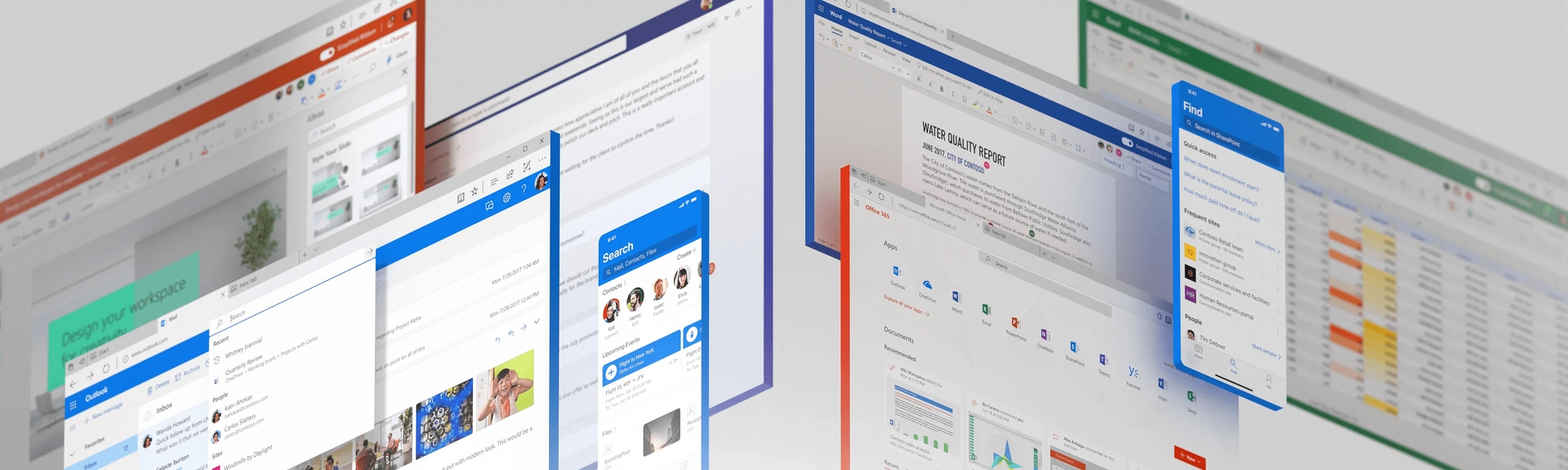 A collage of floating computer screens displaying various Microsoft Office applications, including Word, Excel, PowerPoint, and Teams. The interfaces show different documents, spreadsheets, presentations, and communication threads, set against a light grey background.