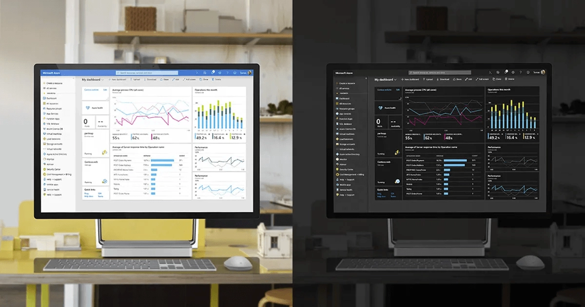 Two side-by-side computer screens display a dashboard interface. The left screen shows a light-themed interface with graphs and charts, while the right screen shows the same interface in a dark theme. Both are set on a desk with office items.