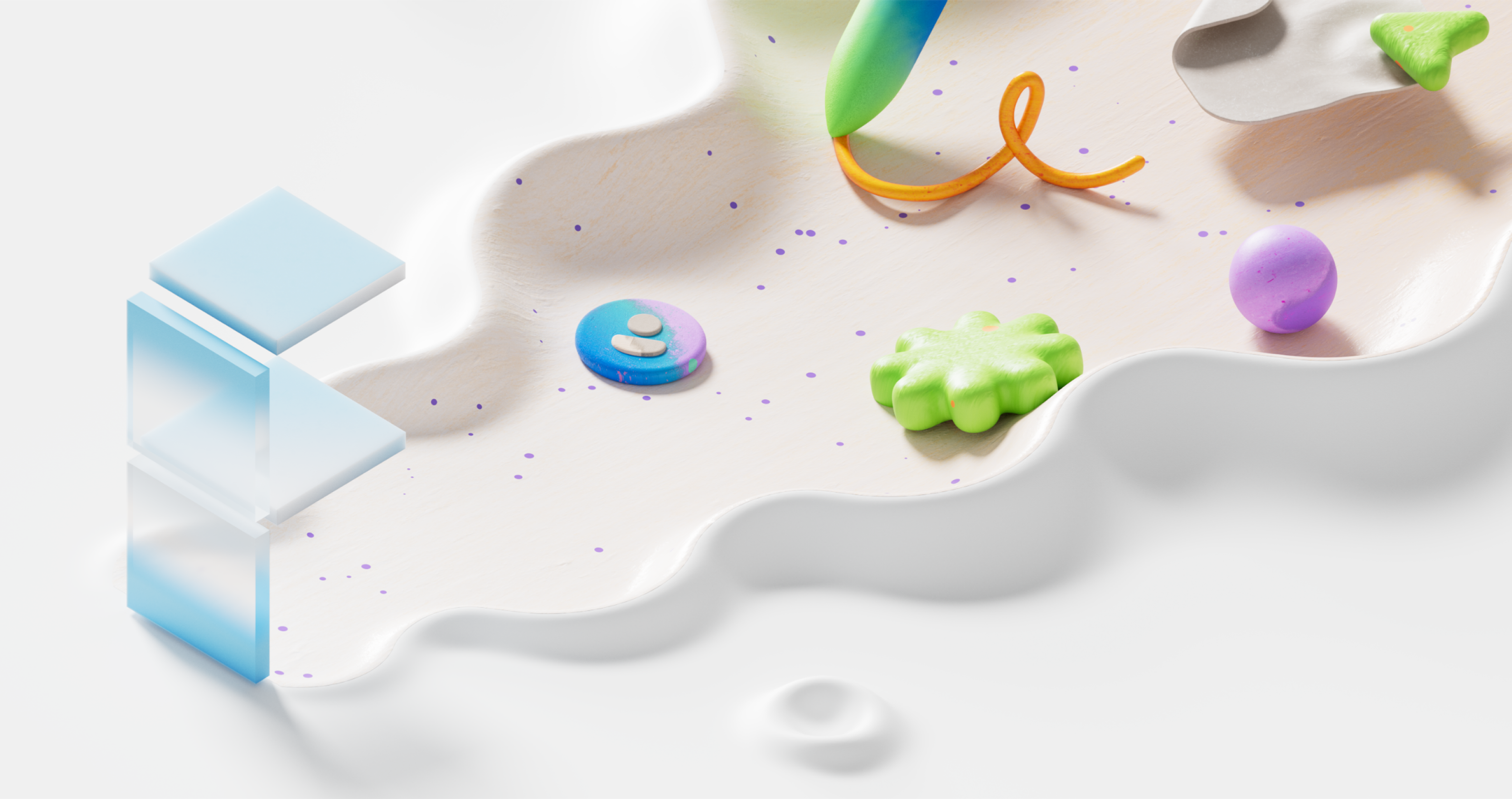 A whimsical, abstract scene featuring a wavy white surface with scattered colorful objects including a green star-shaped figure, a pink egg, a blue and purple disc, and a curling orange line. On the left, translucent blue blocks form a small structure.