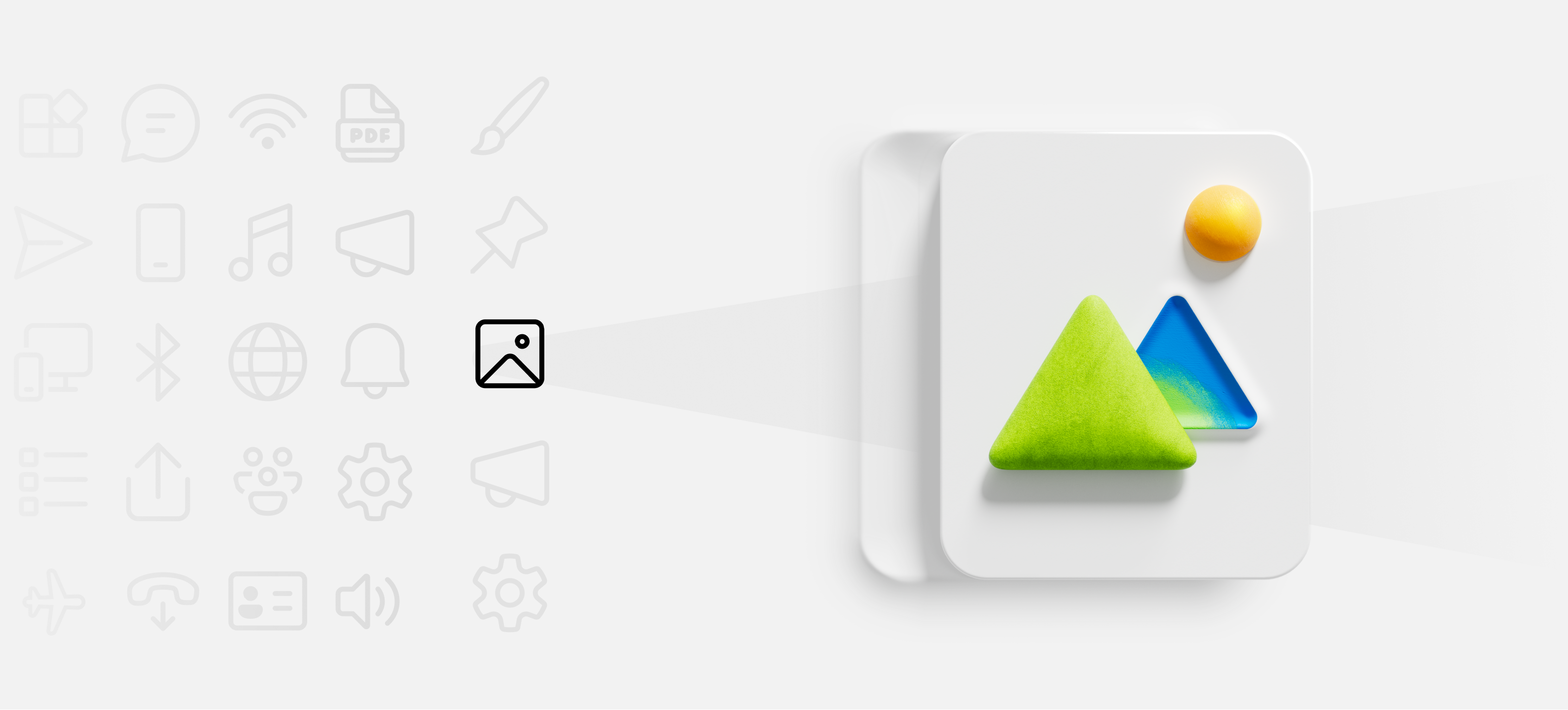 A minimalistic design features a white square with a green triangle and a blue triangle on it, accompanied by a yellow circle, resembling a landscape. To the left, faint icons for various functions such as music, settings, and notifications are shown.