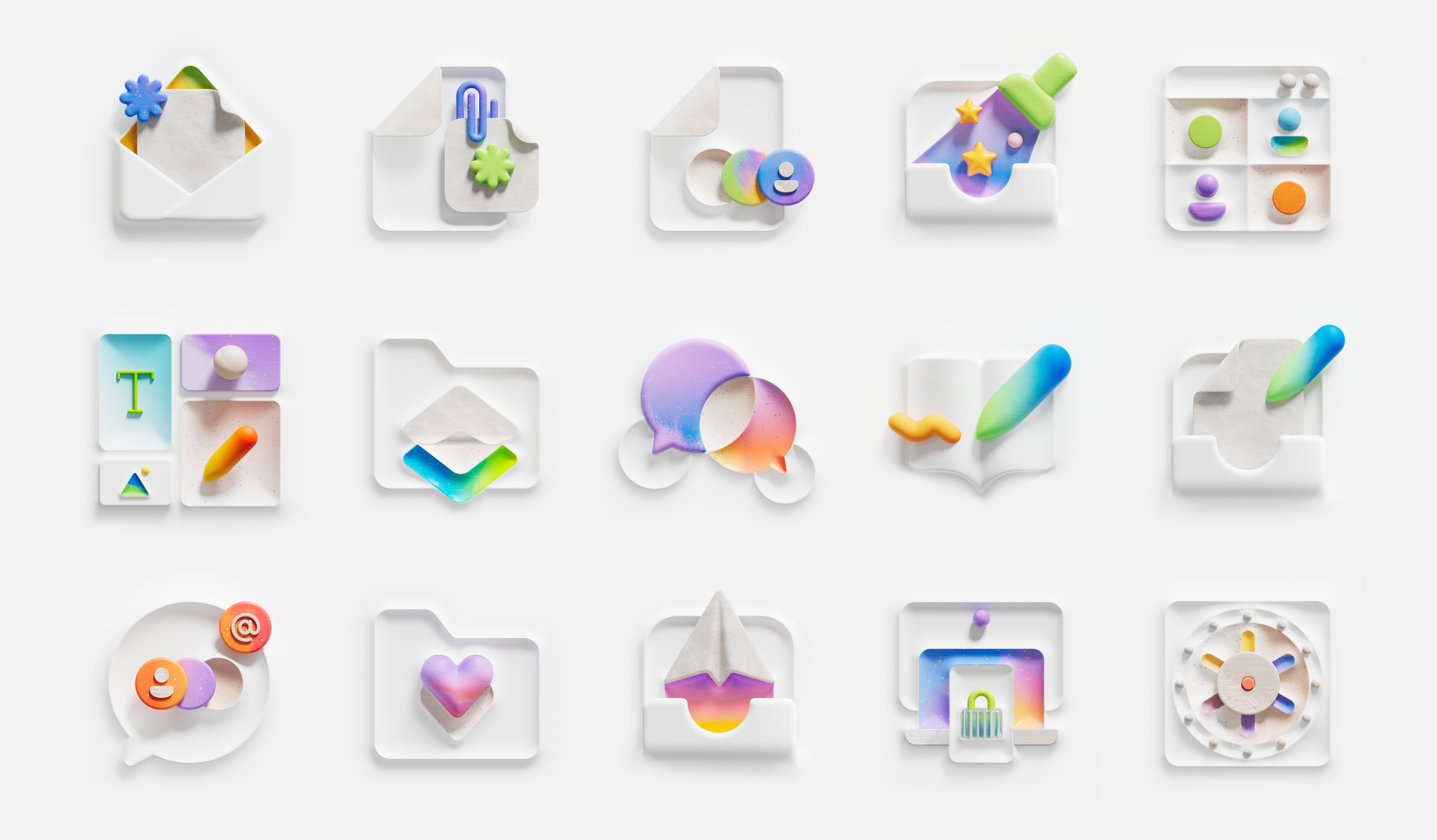 A grid of 16 colorful, stylized icons on a white background. Icons include an envelope, documents, potion bottle, calendar, pencil, conversation bubbles, book, speech bubble with emojis, heart, rocket, shopping bag, and a gear.