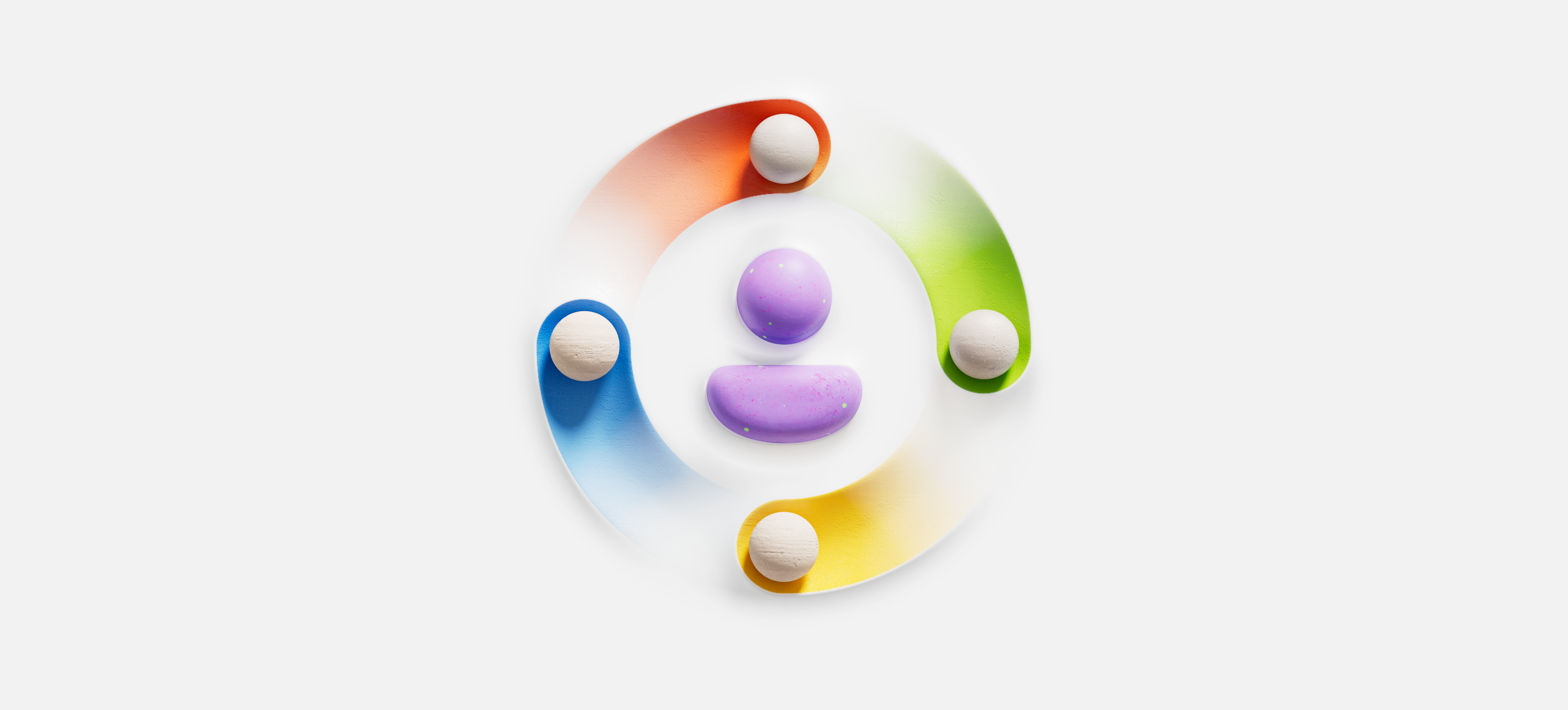 A digital illustration featuring a central purple figure surrounded by a circular gradient ring. The ring transitions from red to orange, green, and blue, with small beige spheres at each color transition point. The background is light gray.