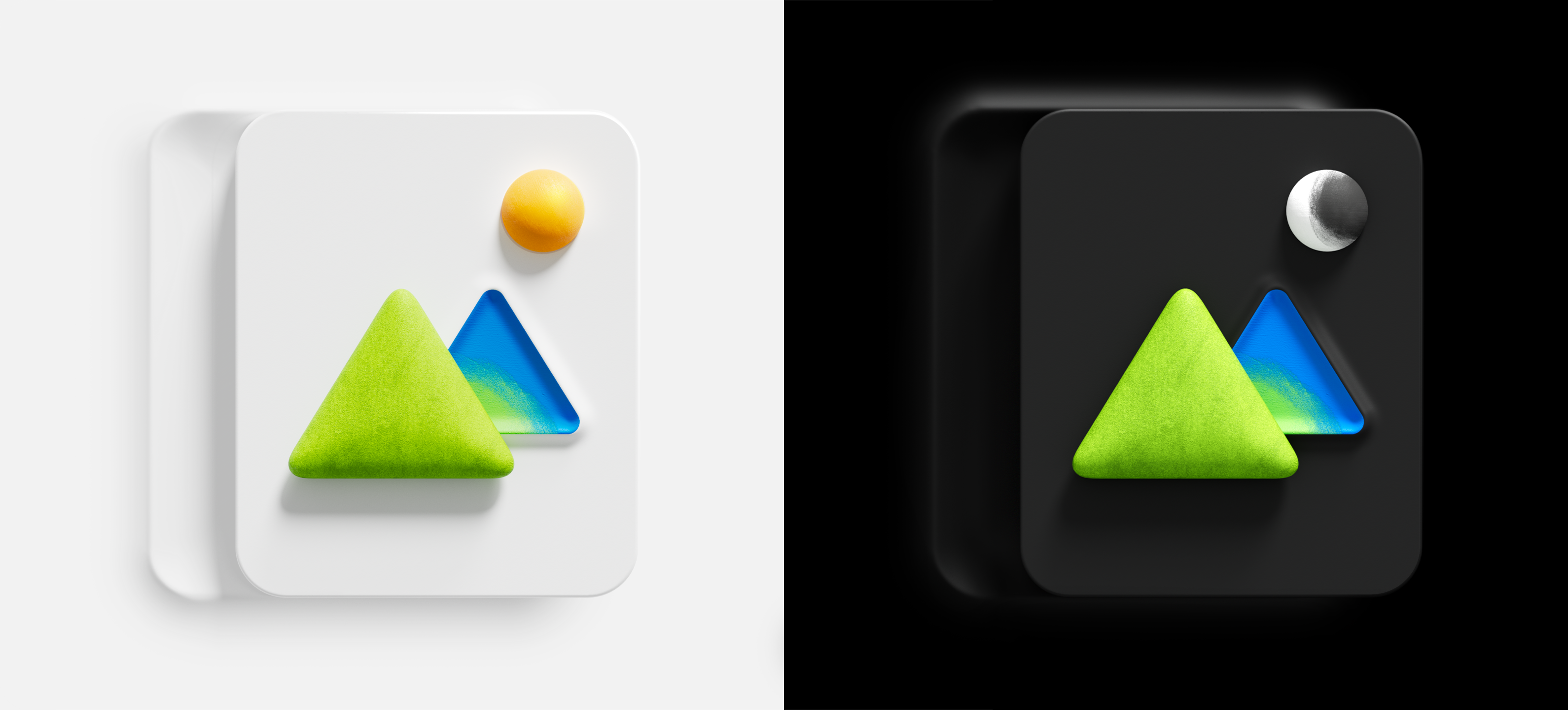 Two icons side by side: the left has a white background with a sun above two green triangles; the right has a black background with a moon above the same triangles. Both feature a blue circle partially behind the shapes.