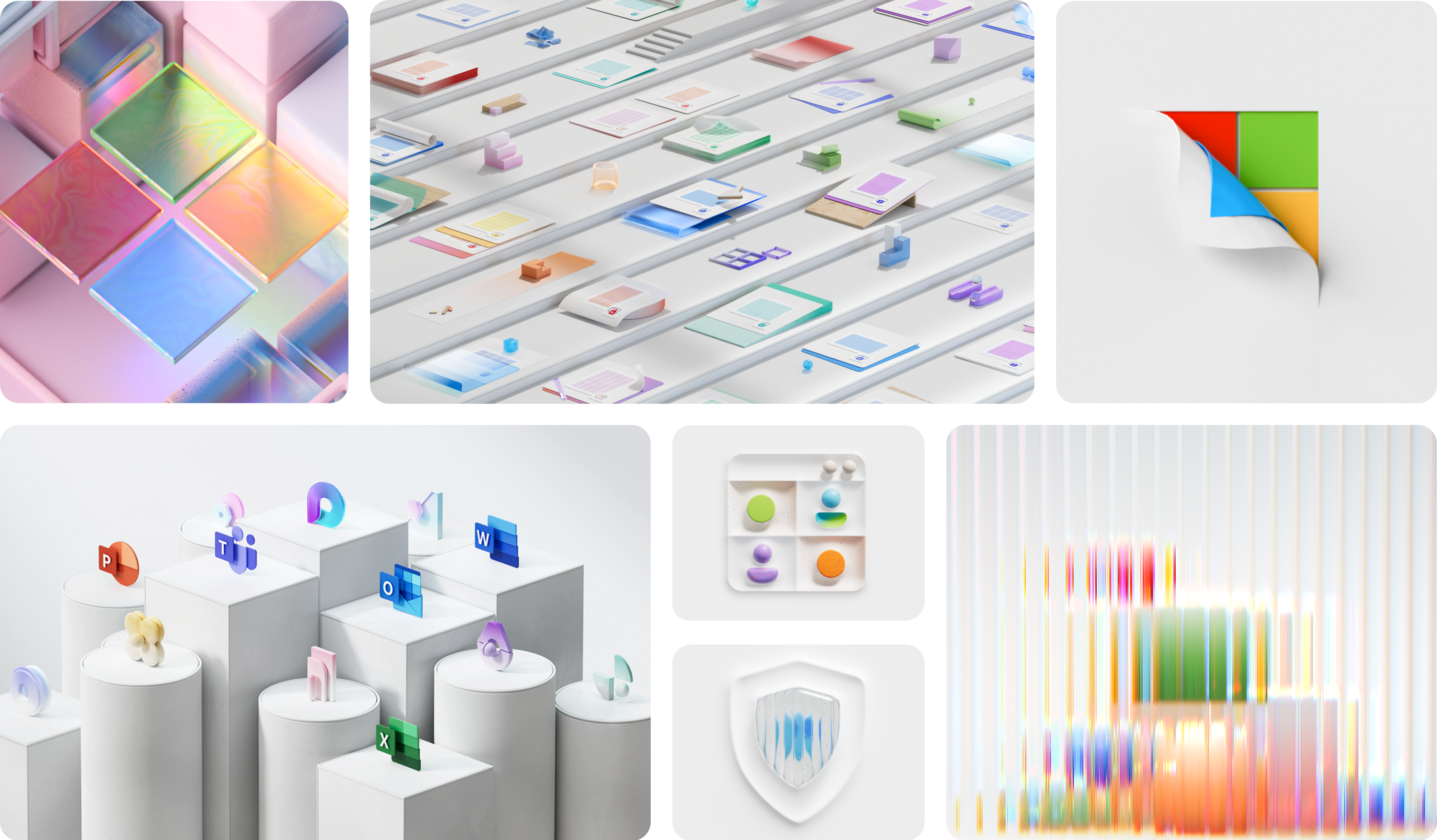 A collage of abstract designs featuring colorful geometric patterns, a grid of digital icons, a folded paper shape, 3D app icons on pedestals, a shield emblem, and vertical lines blending various hues.