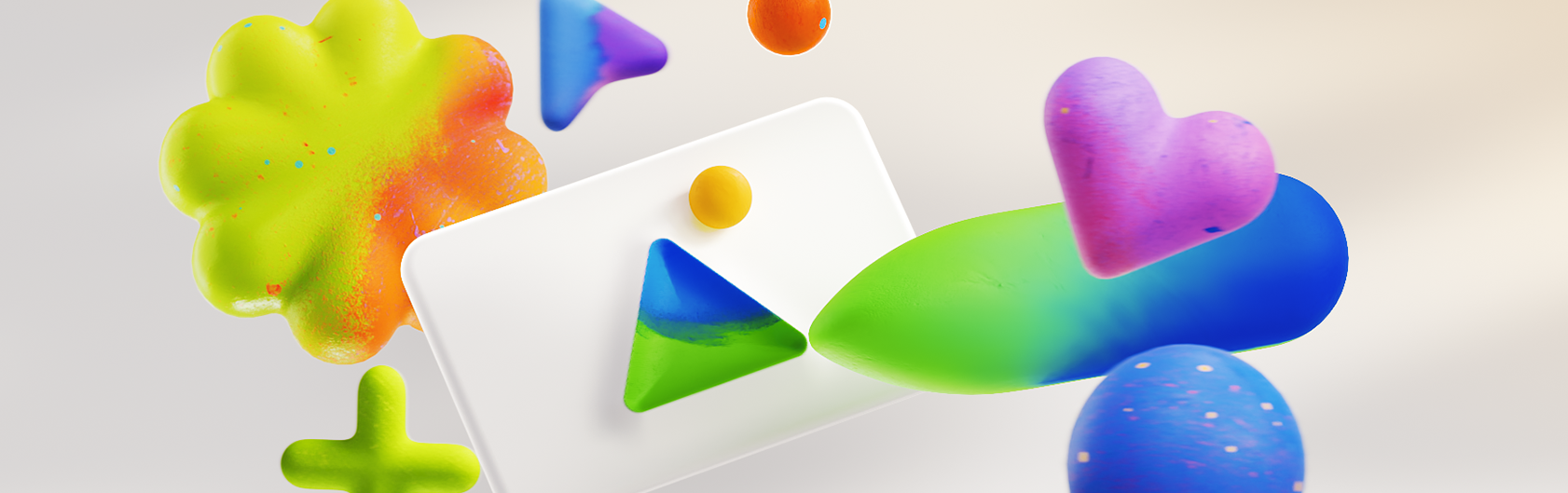 Abstract 3D shapes including a lime green blob, a purple heart, and colorful geometric objects float around a white rectangle with triangle and circle symbols against a soft beige background.