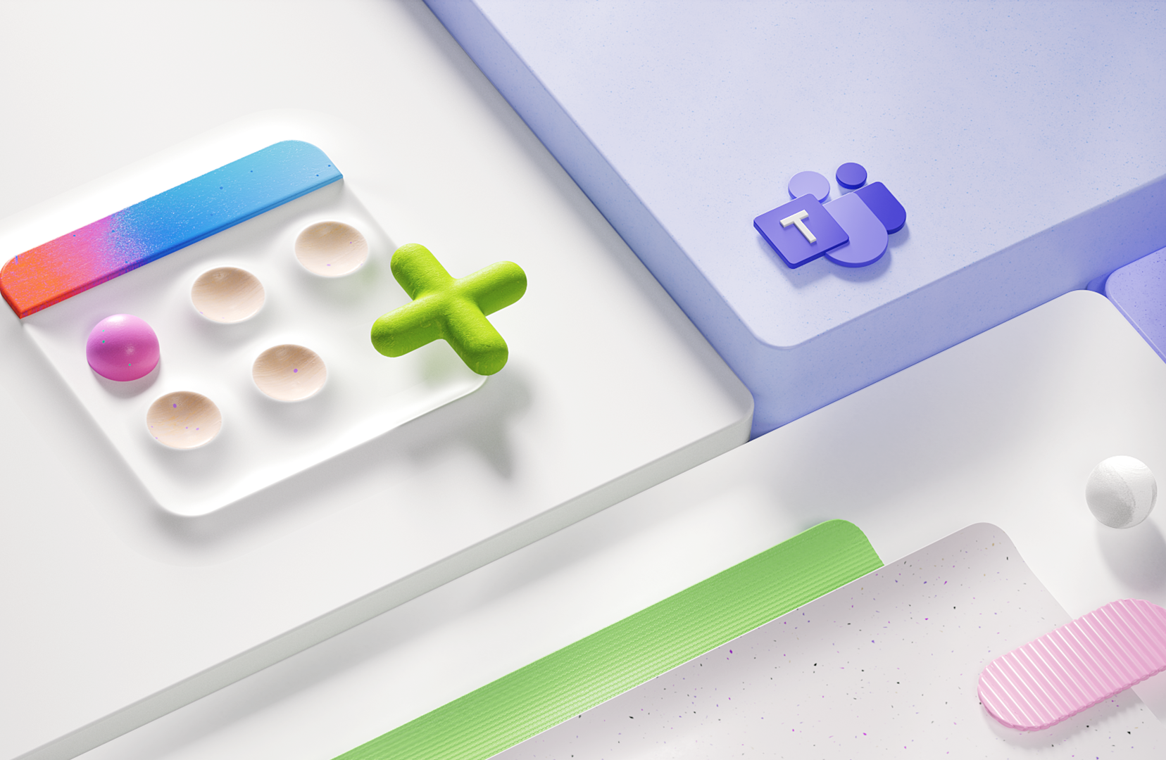 Abstract design featuring a colorful 3D composition with spheres, a green plus sign, and a purple "T" logo on a pastel background. The scene includes geometric shapes and color gradients, creating a modern and playful aesthetic.