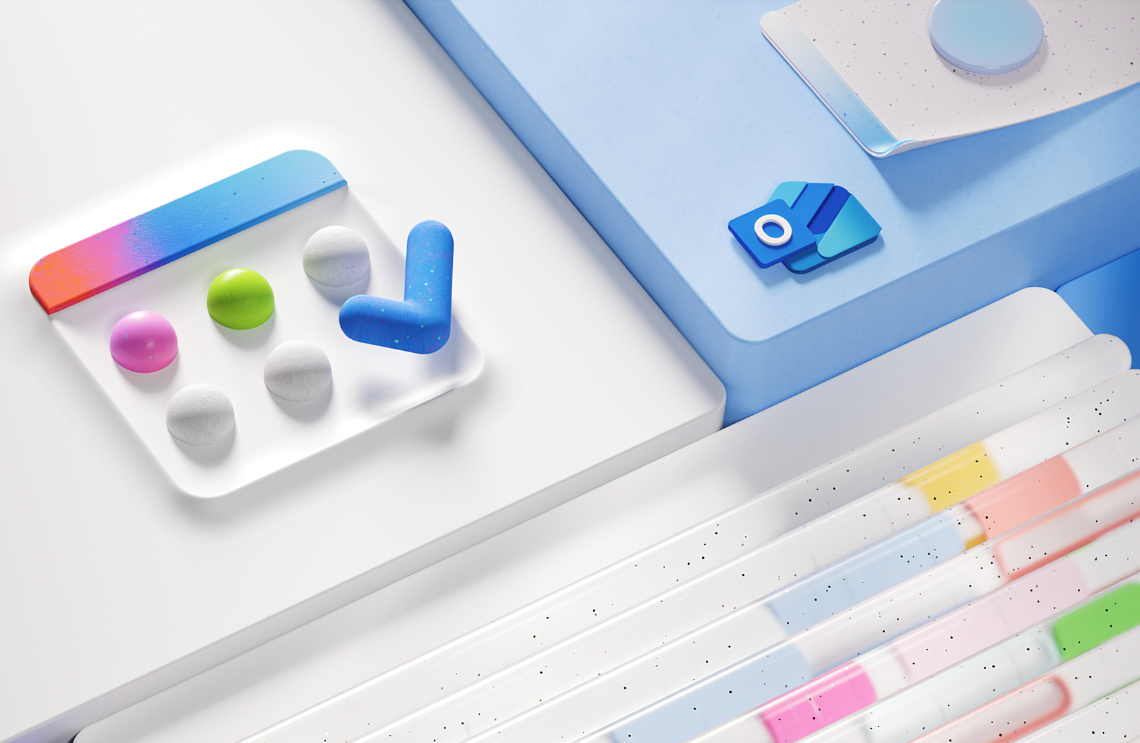 A colorful digital illustration featuring a 3D checkmark icon surrounded by circular buttons on the left, and abstract shapes and patterns on the right. The design has a modern aesthetic with a pastel color palette.