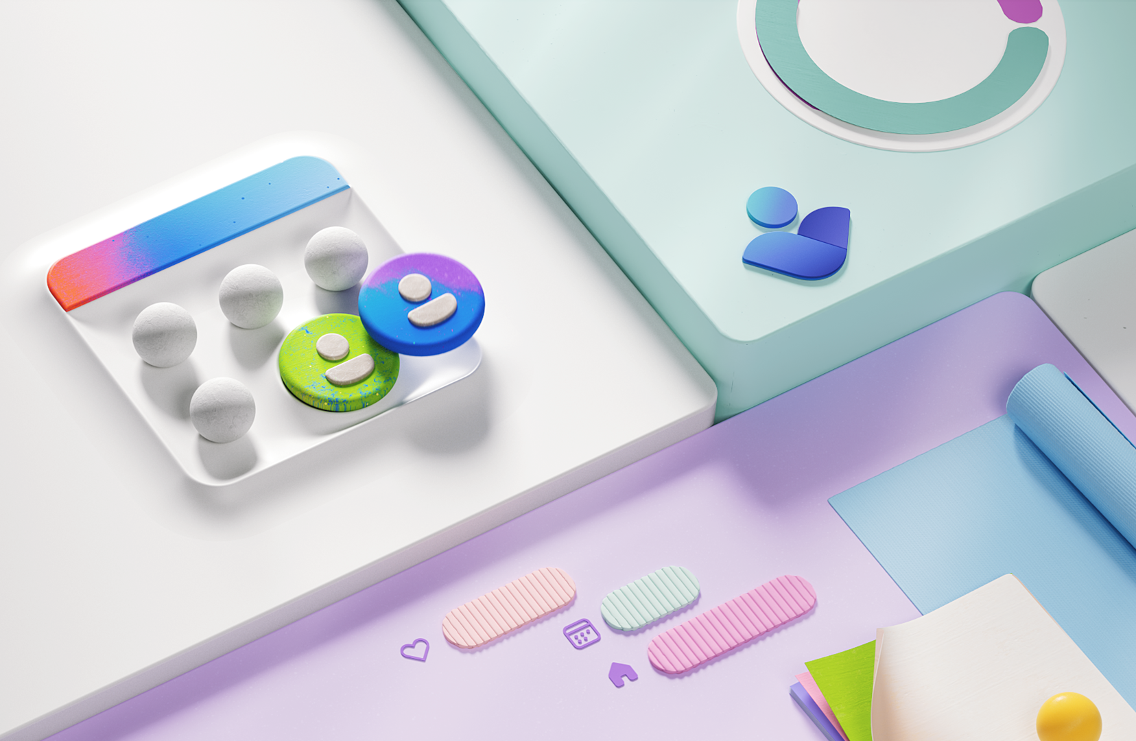 A colorful representation of abstract shapes on a grid with soft pastel hues. Circular and rectangular elements in green, purple, and blue are arranged on a light surface, accompanied by small icons like hearts and baskets.