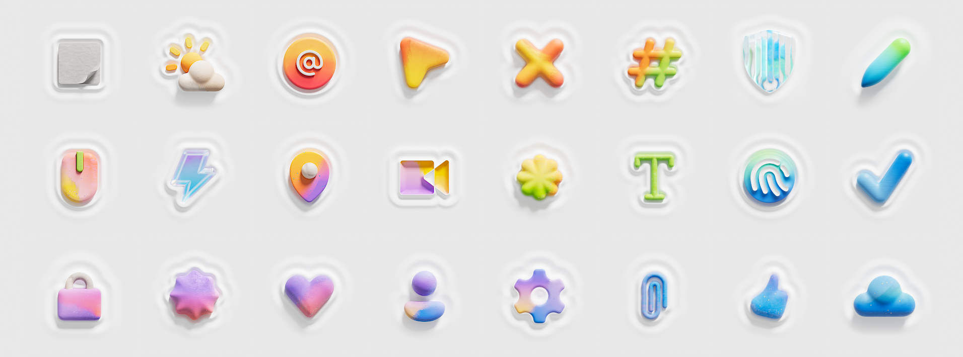 A collection of colorful, abstract 3D icons on a light background. Icons include mail, play button, hashtag, paintbrush, lightning bolt, location pin, sun, text, check mark, heart, and gear. Each icon is uniquely designed with a playful and vibrant look.