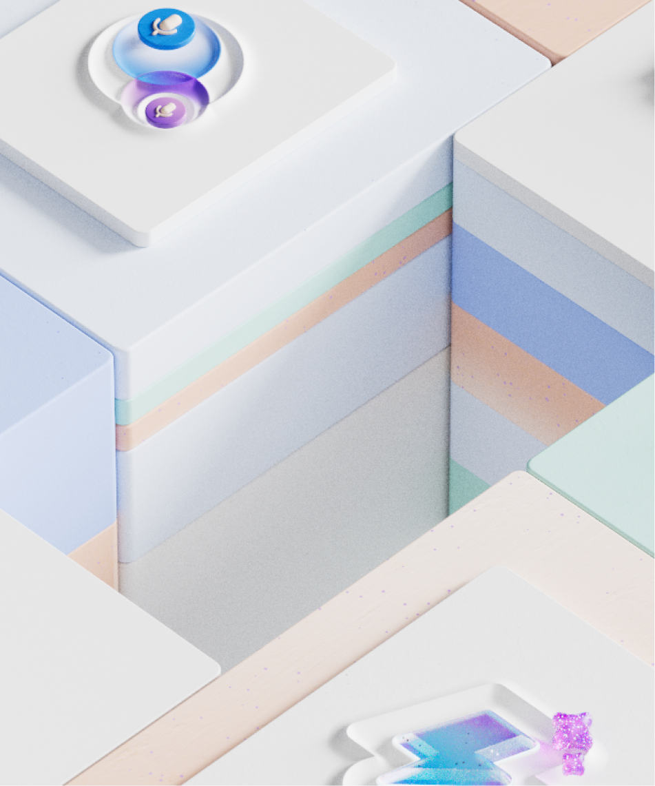 A geometric abstract composition featuring pastel-colored blocks and platforms. Two small bowls with spherical objects are placed on top, while the background displays subtle hues of pink, blue, and mint green.