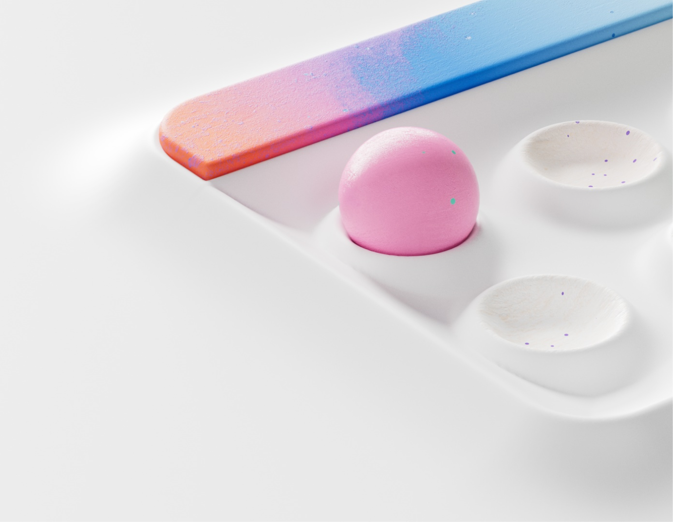 A minimalistic image featuring a pink egg-shaped object resting in a white holder that resembles an ice cube tray. The tray has two empty round compartments and a multicolored bar nearby, with shades of blue, purple, and orange.