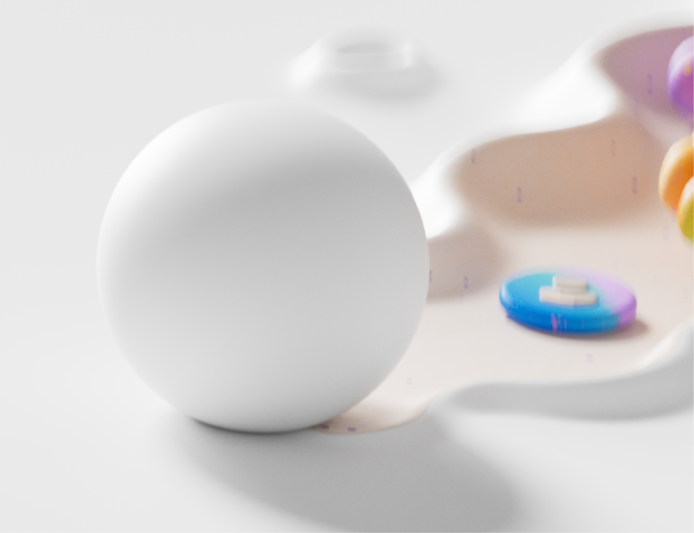 A smooth, white sphere is placed on a glossy surface with abstract shapes nearby. A marbled blue and pink button-like object is in the background, creating a minimalist, modern composition with soft lighting.