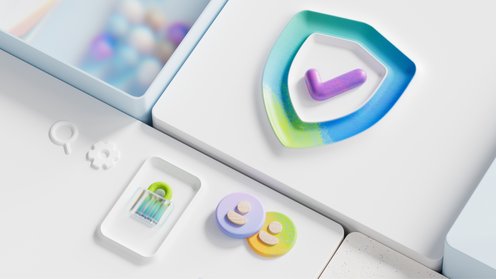 Colorful 3D icons on a light background: a multicolored shield with a checkmark, a lock with rainbow bar, and two pastel discs with dots. A gear icon is also visible on the side, depicting security and settings themes.