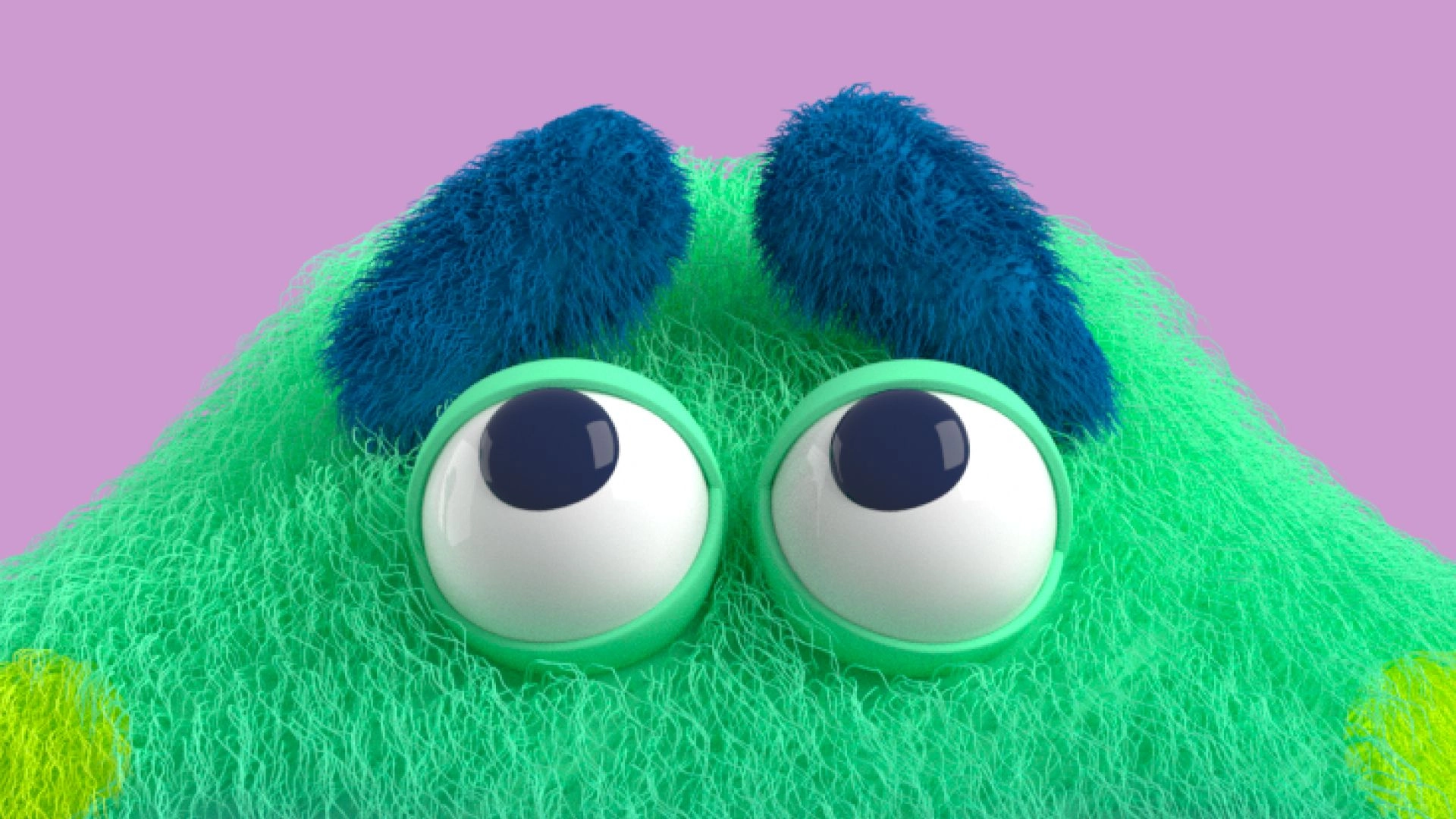 A cute, fluffy green monster with large, round eyes and thick blue eyebrows on a purple background. The monster's fur appears soft and fuzzy, giving it a friendly and whimsical appearance.