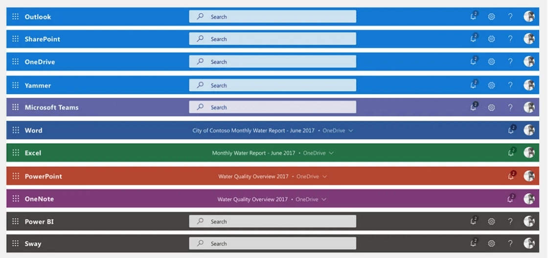 A series of colored search bars for Microsoft Office applications including Outlook, SharePoint, OneDrive, Yammer, Microsoft Teams, Word, Excel, PowerPoint, OneNote, Power BI, and Sway, all displaying a search field with placeholder text and different color backgrounds.