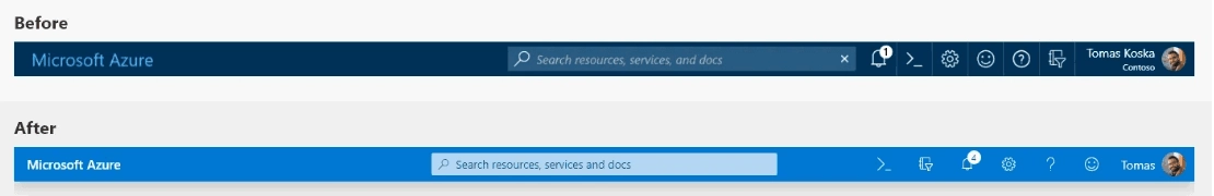 Comparison of Microsoft Azure application headers. The "Before" header is darker with a wider search bar and featuring several icons to the right, including a user profile with a name. The "After" header is lighter with a narrower search bar and the same icons.