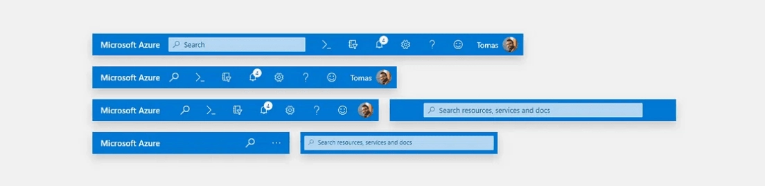 A series of headers and search bars from Microsoft Azure are depicted, showing options for search, user profile, notifications, settings, and help. The headers vary in arrangement and inclusion of elements like text, icons, and user avatars on a blue background.