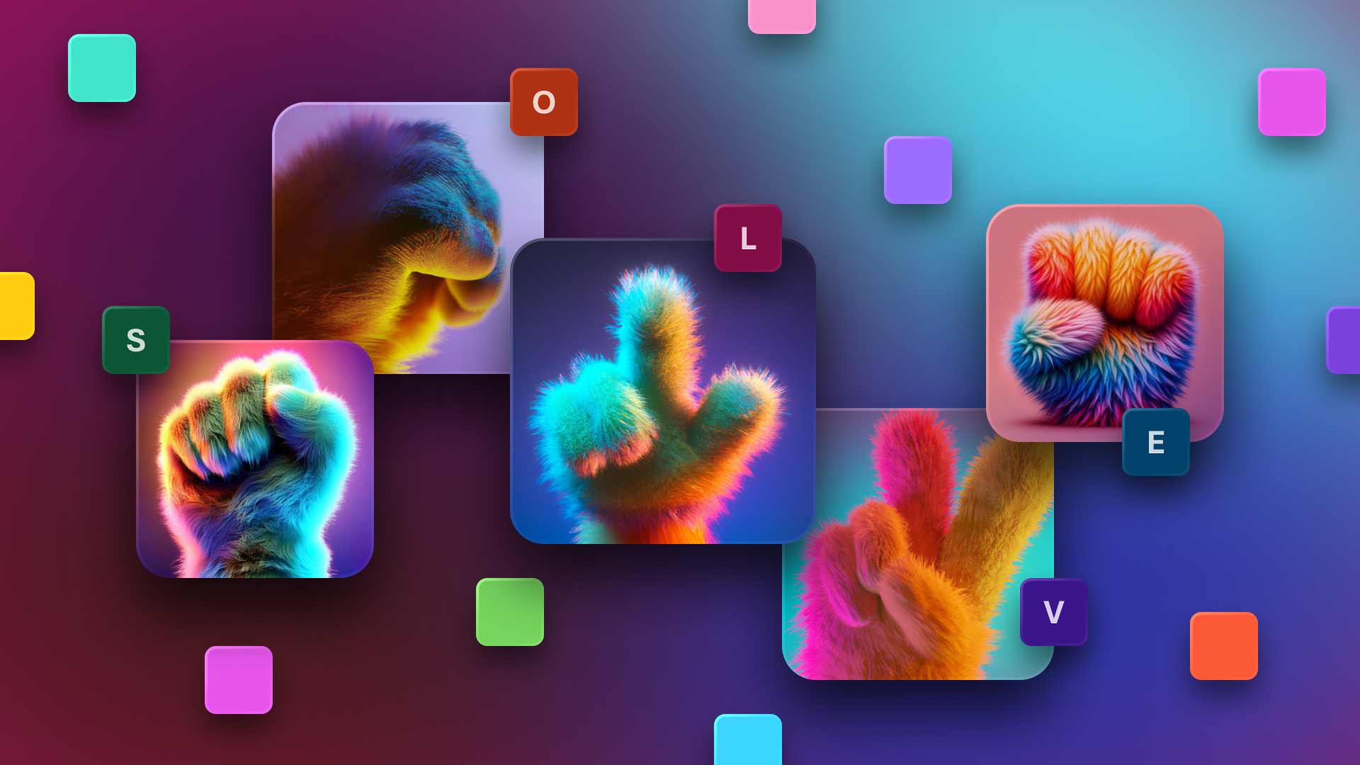 A colorful image showing four furry, multicolored hands making different gestures, each in a square frame. The hands spell out "LOVE" using signs, with floating squares of various colors in the background. Each letter of "LOVE" is placed near the corresponding hand.