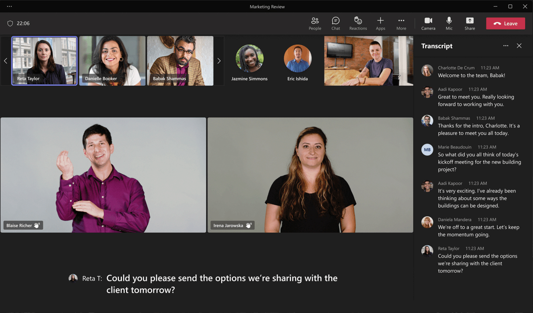 A virtual meeting screen with video feeds of six participants, chat messages on the right, and someone's video highlighted on the left with a man and woman signing to each other. The participants are engaged in a discussion about client options.