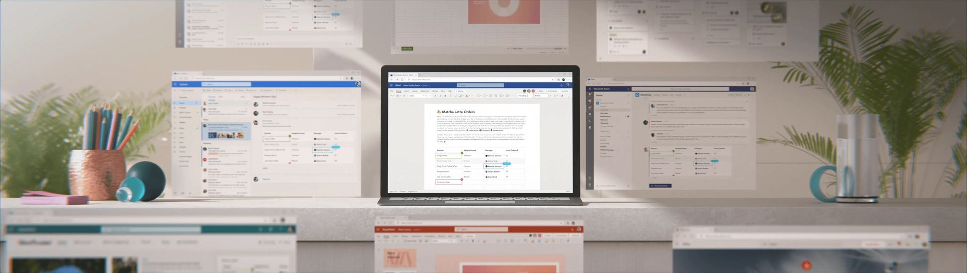 A laptop displaying a document is surrounded by six floating screens showing various apps: email, calendar, spreadsheets, slides, chat, and social media. The setting is a modern workspace with plants in the background.