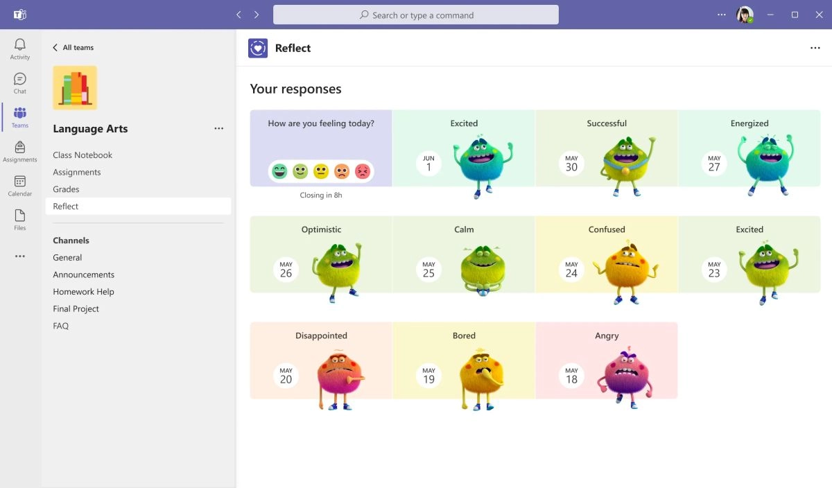 Screenshot of a Microsoft Teams "Reflect" feature displaying a colorful mood tracker dashboard. Various emotions like Excited, Successful, and Calm are visualized with animated characters and dates. The sidebar shows class resources and channels.