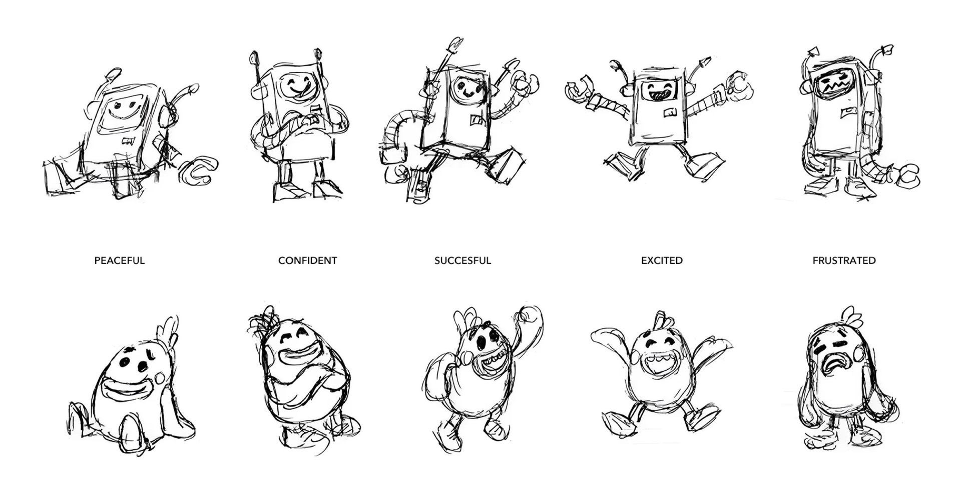 A series of sketches show a robot and a monster character in different poses that portray various emotions. The robot and monster each exhibit the following emotions from left to right: peaceful, confident, successful, excited, and frustrated.