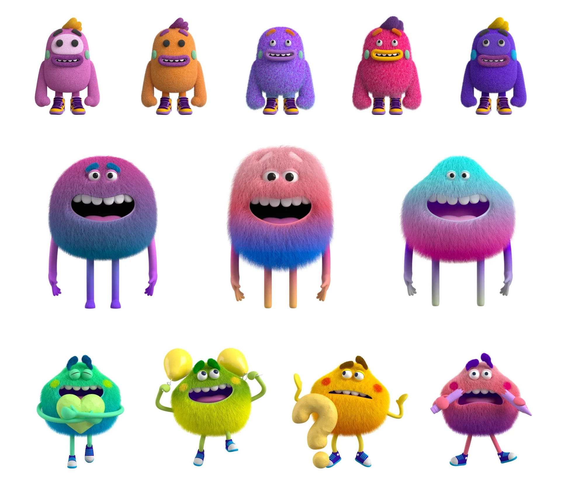 A group of colorful, fuzzy cartoon monsters with big eyes and wide, toothy smiles. They vary in color and shape, with some having long legs, horns, or accessories like balloons. Each monster has a unique and playful design, exuding a friendly and fun vibe.