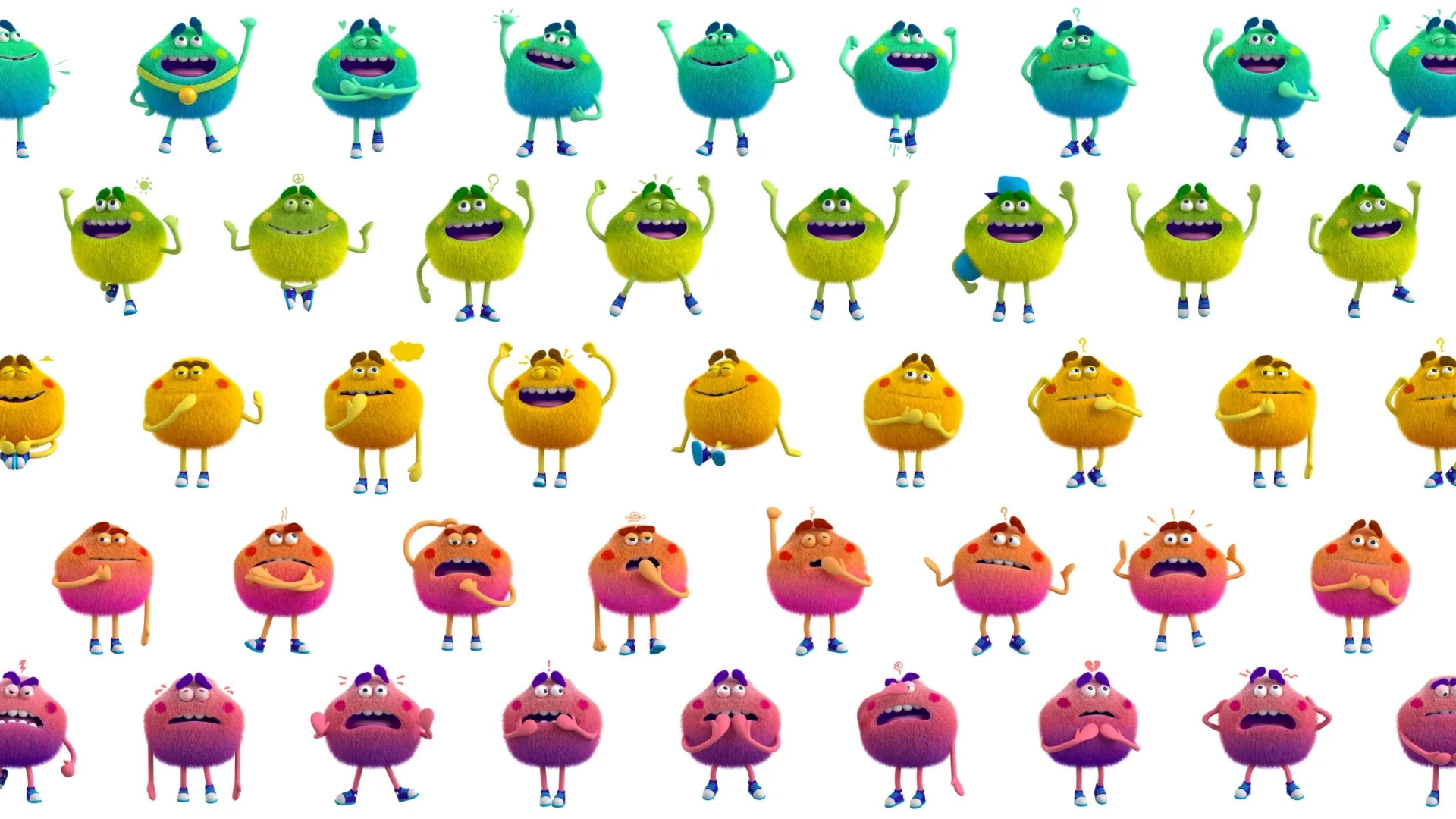 A colorful grid of various animated round characters with different shapes and facial expressions. The characters are in shades of green, blue, yellow, and pink, each displaying unique emotions such as happiness, sadness, excitement, and confusion.