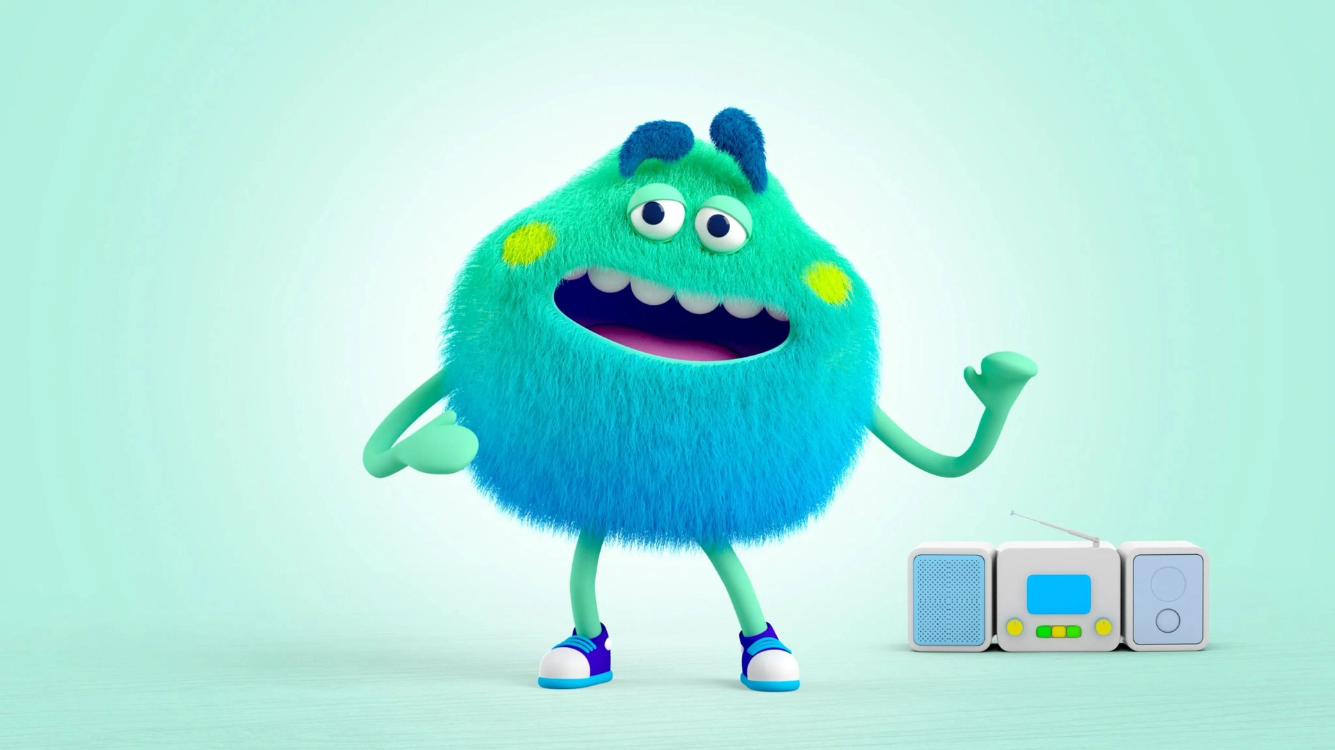 A cheerful, blue, fluffy monster with two small antennae on its head, sporting sneakers, stands waving with one arm raised. Beside the monster is a small, white radio with various colored buttons and speakers. The background is a light aqua hue.