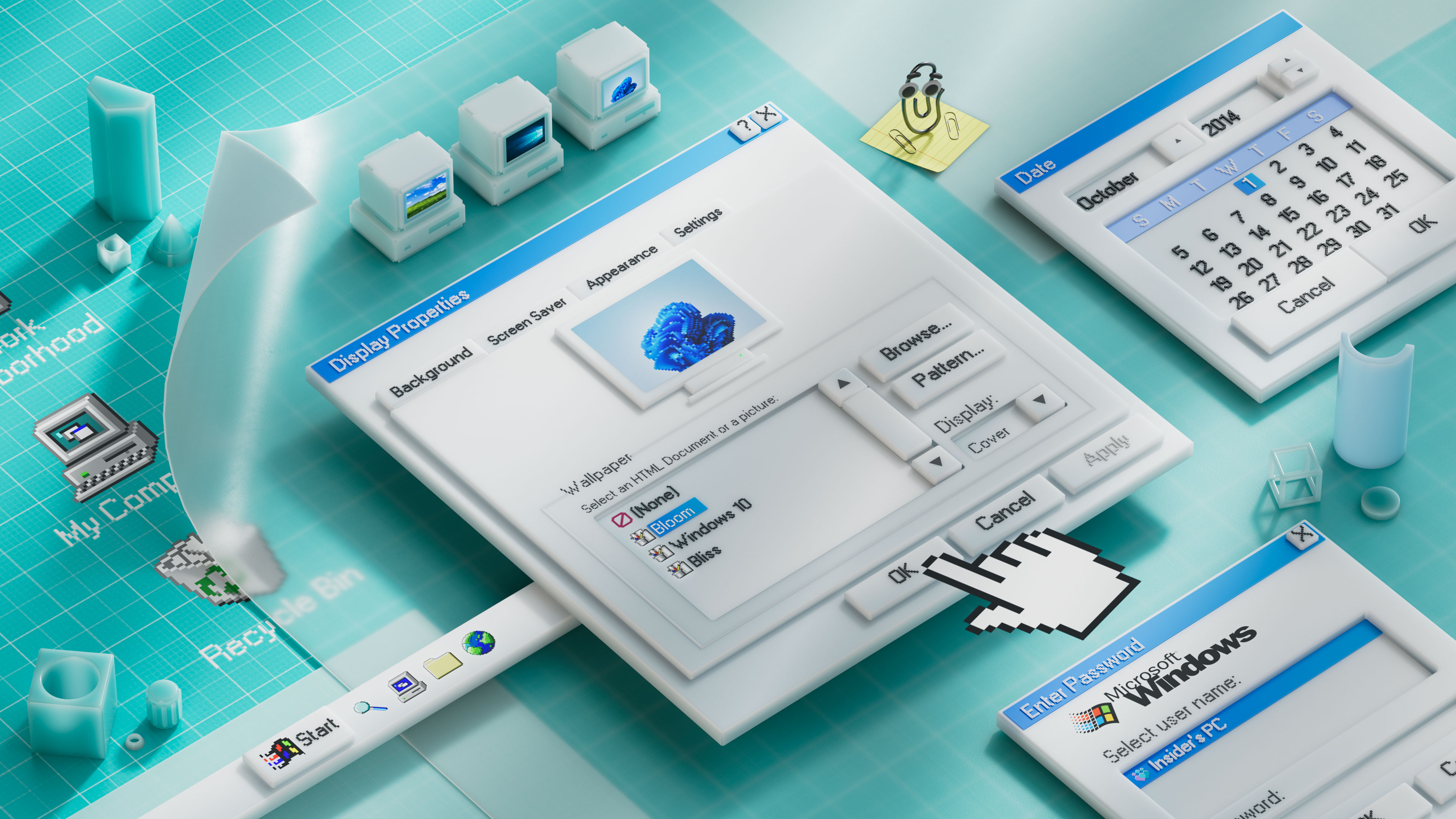 A digital desktop with retro-style windows open, featuring settings for display properties and a calendar set to December 20, 2004. A large hand cursor is prominent, along with icons like "My Computer" and "Recycle Bin" on a teal background.