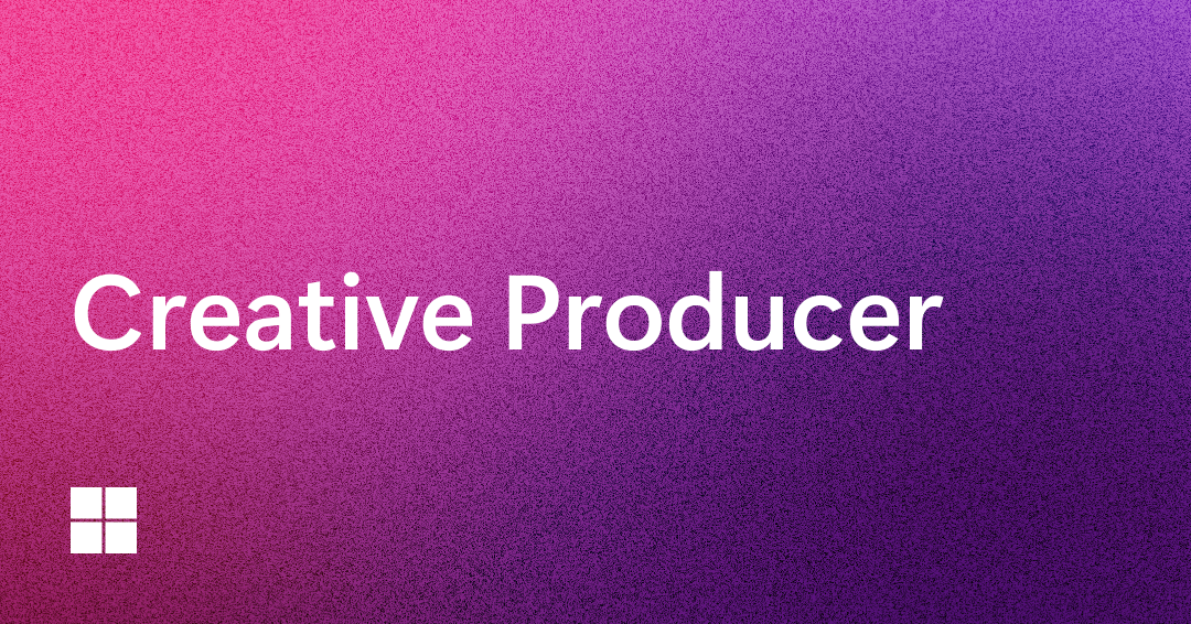 Gradient background from pink to purple with the text "Creative Producer" in white. A small white square logo is in the bottom left corner.